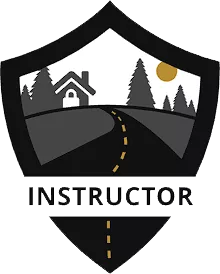 A badge features a house and pine trees under the sun, with a curving road leading to the foreground. Below the illustration, the word "INSTRUCTOR" is prominently displayed, evoking a sense of guidance and home.