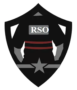 The "About Us" section showcases a black shield-shaped logo featuring the silhouette of a person with "RSO" on the chest. The figure, with gray arms and a red and black belt, stands above a gray star at the bottom of the shield.