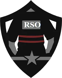 A black shield-shaped emblem featuring a stylized silhouette of a person's back wearing a black uniform with two red horizontal stripes and "RSO" in white letters. A star is placed at the bottom center of the shield, symbolizing protection and home.