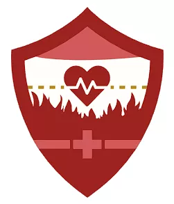 A red and white shield icon with a heart and heartbeat line in the center, a gold dashed line above the heart, and a cross symbol at the bottom. The lower part of the shield features a flame pattern. This icon perfectly encapsulates our "About Us," symbolizing care, protection, and passion.