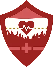 A red shield emblem featuring a white ECG heart symbol in the center and flames at the bottom. There is a gold dashed line above the flames and a red cross near the bottom, symbolizing care and protection at home. The top of the shield is a darker red, creating a gradient effect.