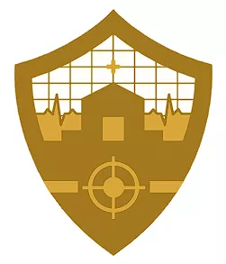 About Us: A golden shield emblem features a stylized building with a cross on top, heart rate lines, and a central square. Below, a crosshair-like symbol is present. The design likely suggests themes of medical care, protection, and precision.