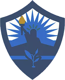 A blue shield-shaped emblem featuring a stylized silhouette of a person holding a torch with a flame, set against a backdrop of radiating white and blue rays. Below the figure, there is a sprouting plant symbolizing growth and enlightenment, representing the foundation of home and community.