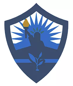 A blue shield featuring a stylized silhouette of the Statue of Liberty holding a torch, set against a white and blue sunburst background. About Us: At the bottom, a green plant with two leaves grows from a horizontal blue stripe.