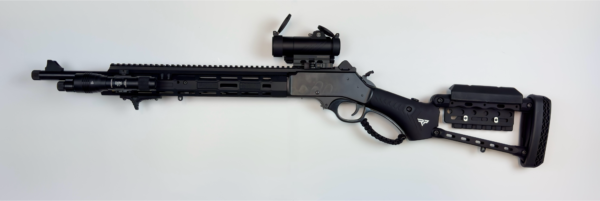 A FIF-XR 45-70 - Custom Henry X black tactical lever action rifle with a mounted scope and flashlight attachment, featuring a long barrel, rail system, adjustable stock with cheek rest, and lever action mechanism, all set against a plain white background.