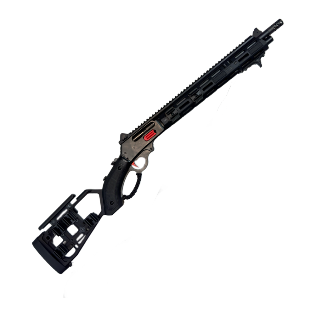 The "Customize Your Marlin 1895 (Dark)" is a tactical rifle featuring a sleek black and red design, complete with a long barrel and an adjustable butt pad stock. Its futuristic appearance includes multiple rails for customized mounting points along the barrel and stock. Set against a plain white background, it evokes the classic essence of the iconic Marlin 1895 in its modern evolution.