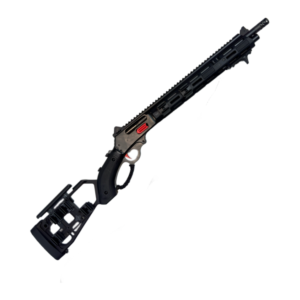 The "Customize Your Marlin 1895 (Dark)" is a tactical rifle featuring a sleek black and red design, complete with a long barrel and an adjustable butt pad stock. Its futuristic appearance includes multiple rails for customized mounting points along the barrel and stock. Set against a plain white background, it evokes the classic essence of the iconic Marlin 1895 in its modern evolution.