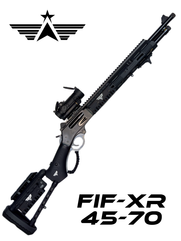 The FIF-XR 45-70 - Custom Henry X Tactical Lever Action Rifle boasts a sleek, modern appearance with a rail system, integrated optics, and an adjustable stock. This custom rifle includes various functional attachments and details for enhanced performance.