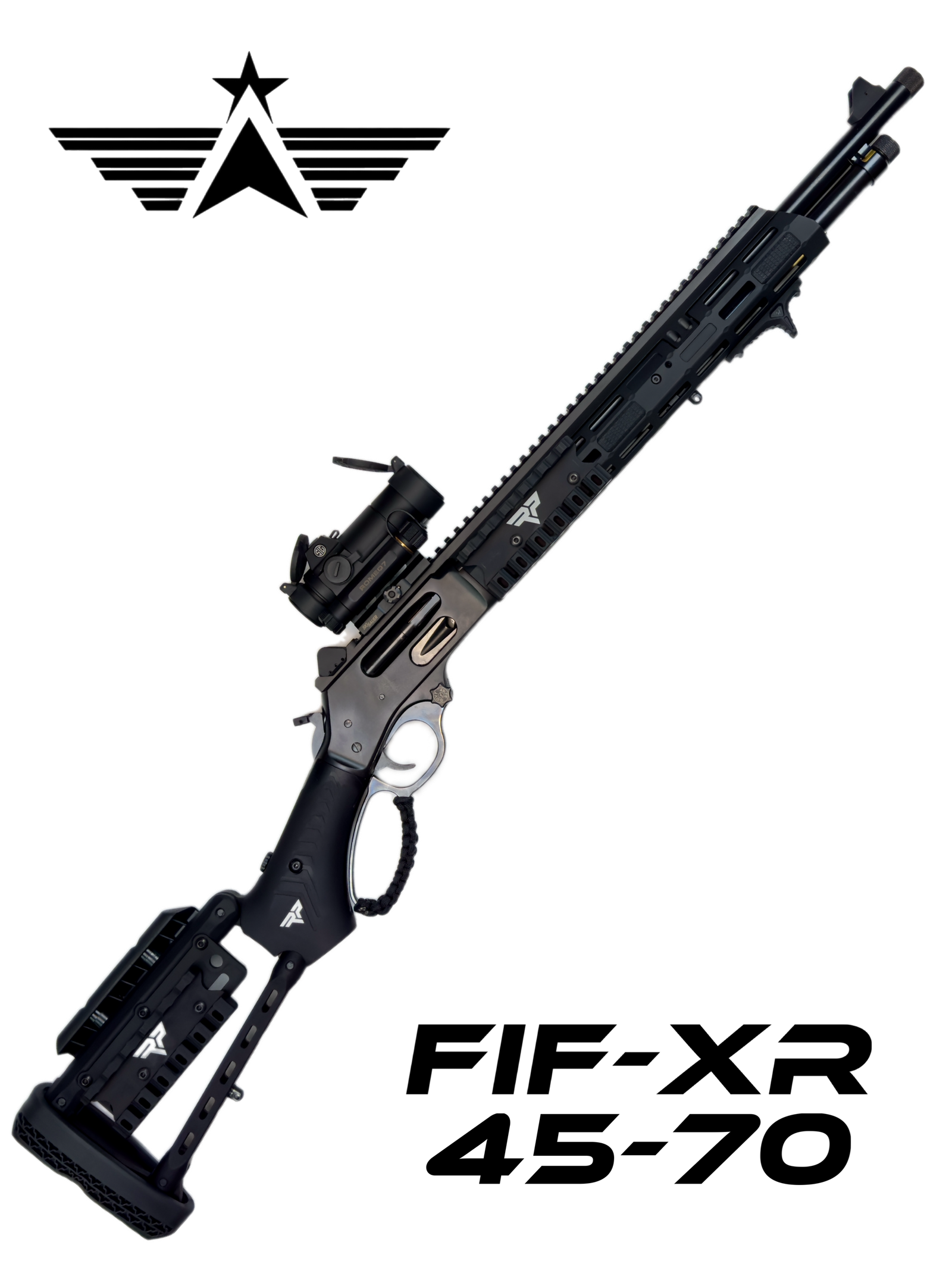 The FIF-XR 45-70 - Custom Henry X Tactical Lever Action Rifle boasts a sleek, modern appearance with a rail system, integrated optics, and an adjustable stock. This custom rifle includes various functional attachments and details for enhanced performance.