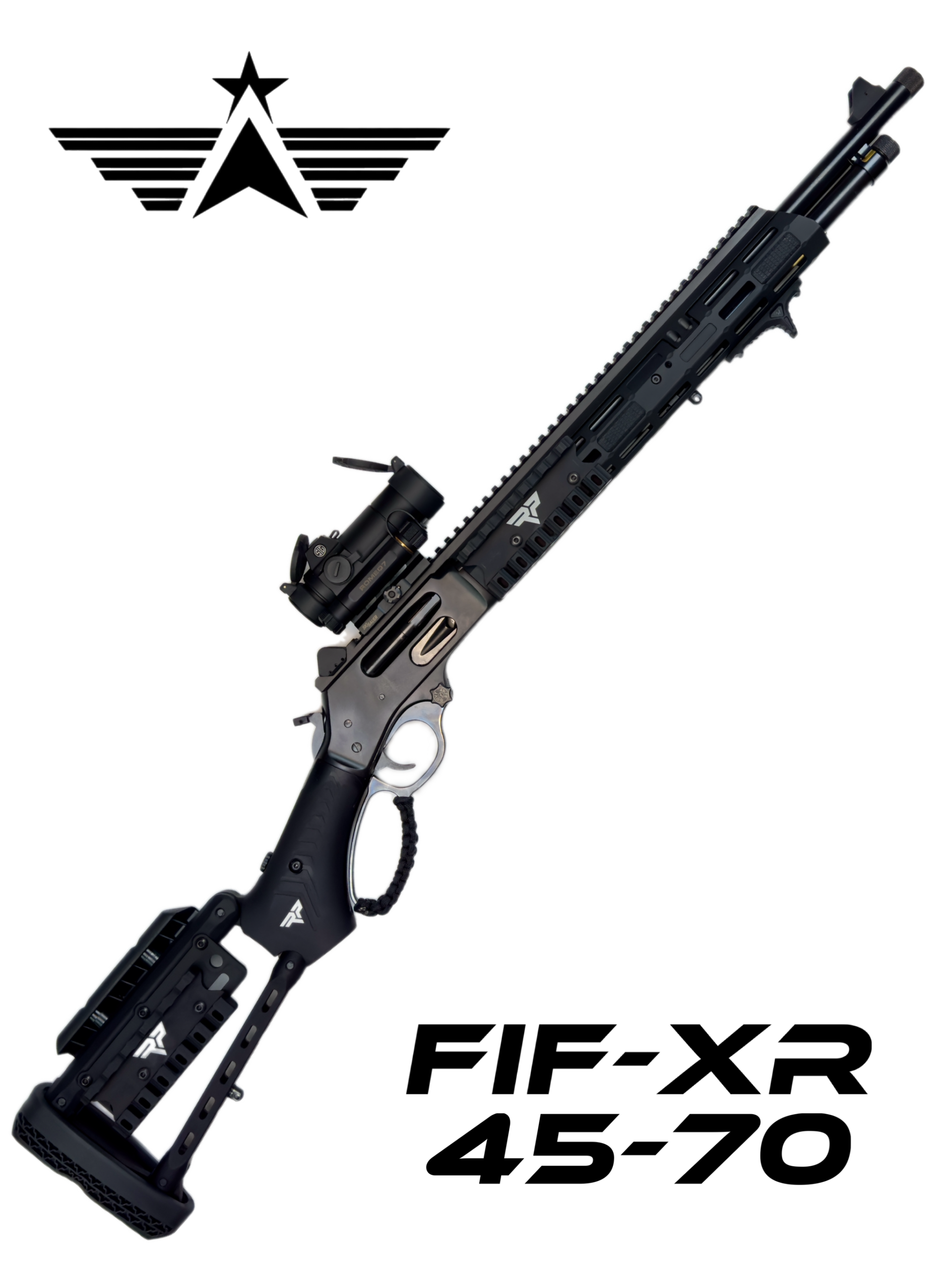 The FIF-XR 45-70 - Custom Henry X Tactical Lever Action Rifle boasts a sleek, modern appearance with a rail system, integrated optics, and an adjustable stock. This custom rifle includes various functional attachments and details for enhanced performance.