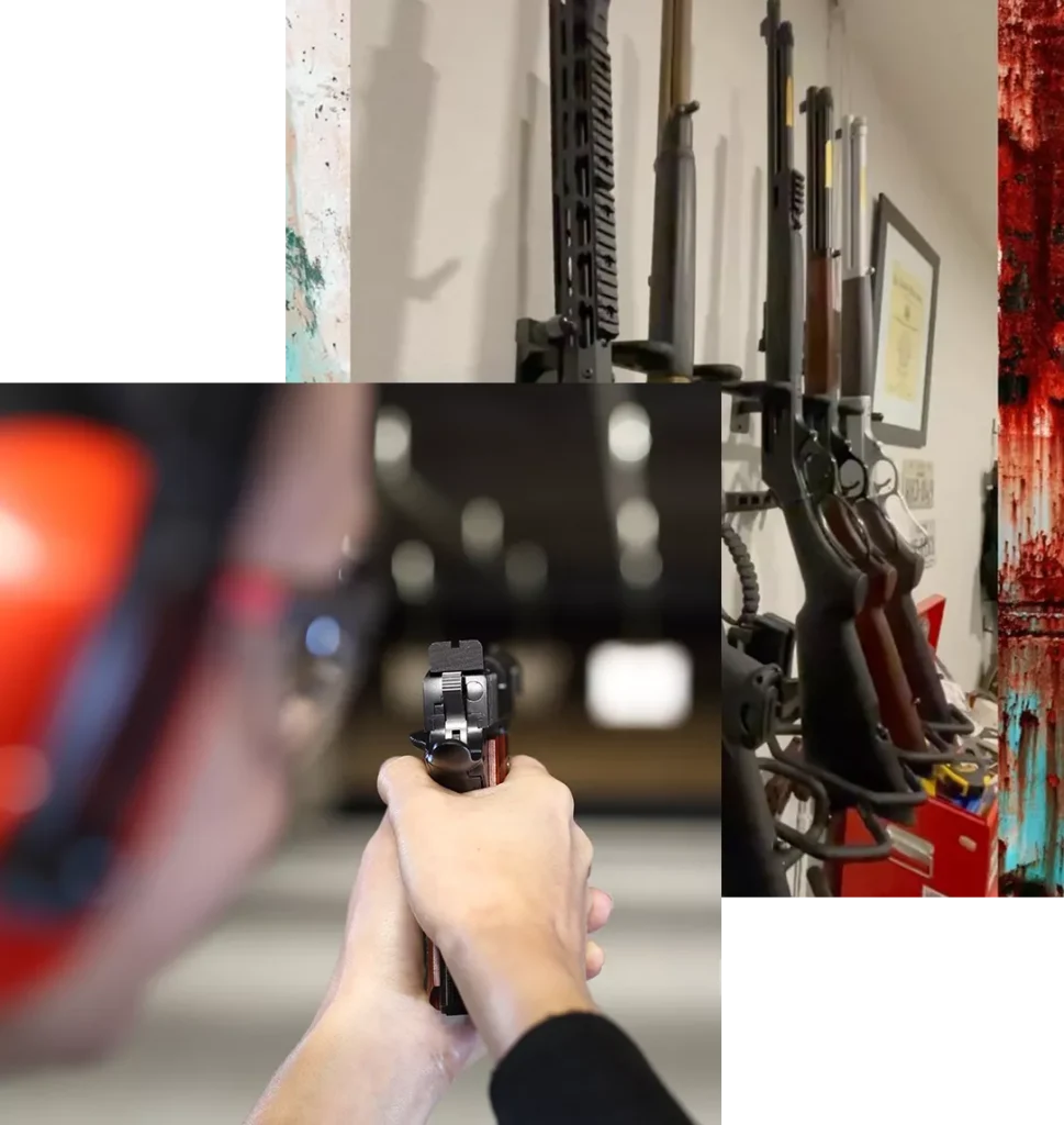 A collage of images shows a person aiming a handgun at an indoor shooting range, guns lined on racks, and a close-up of various rifles mounted on a vertical stand. The person wears ear protection and the background features both clear and blurred sections, offering insight into our About Us experience.