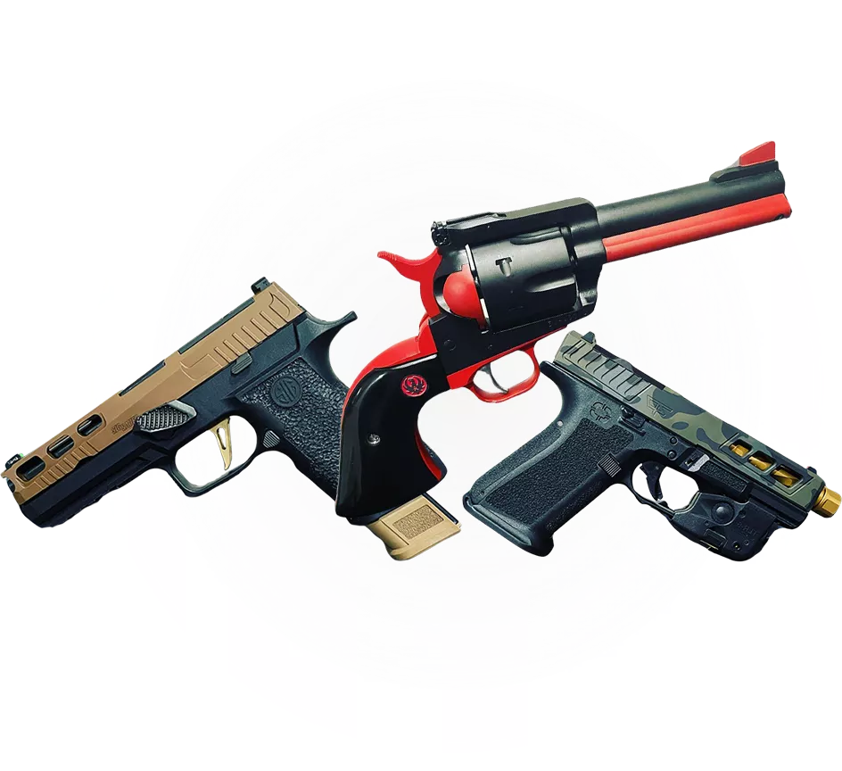 Three handguns are displayed in front of a white circular background, evoking a stark contrast. The firearms include two semi-automatic pistols on the left and right, while a revolver with a striking red and black color scheme takes center stage. Each weapon stands as if guarding a fortress called home.