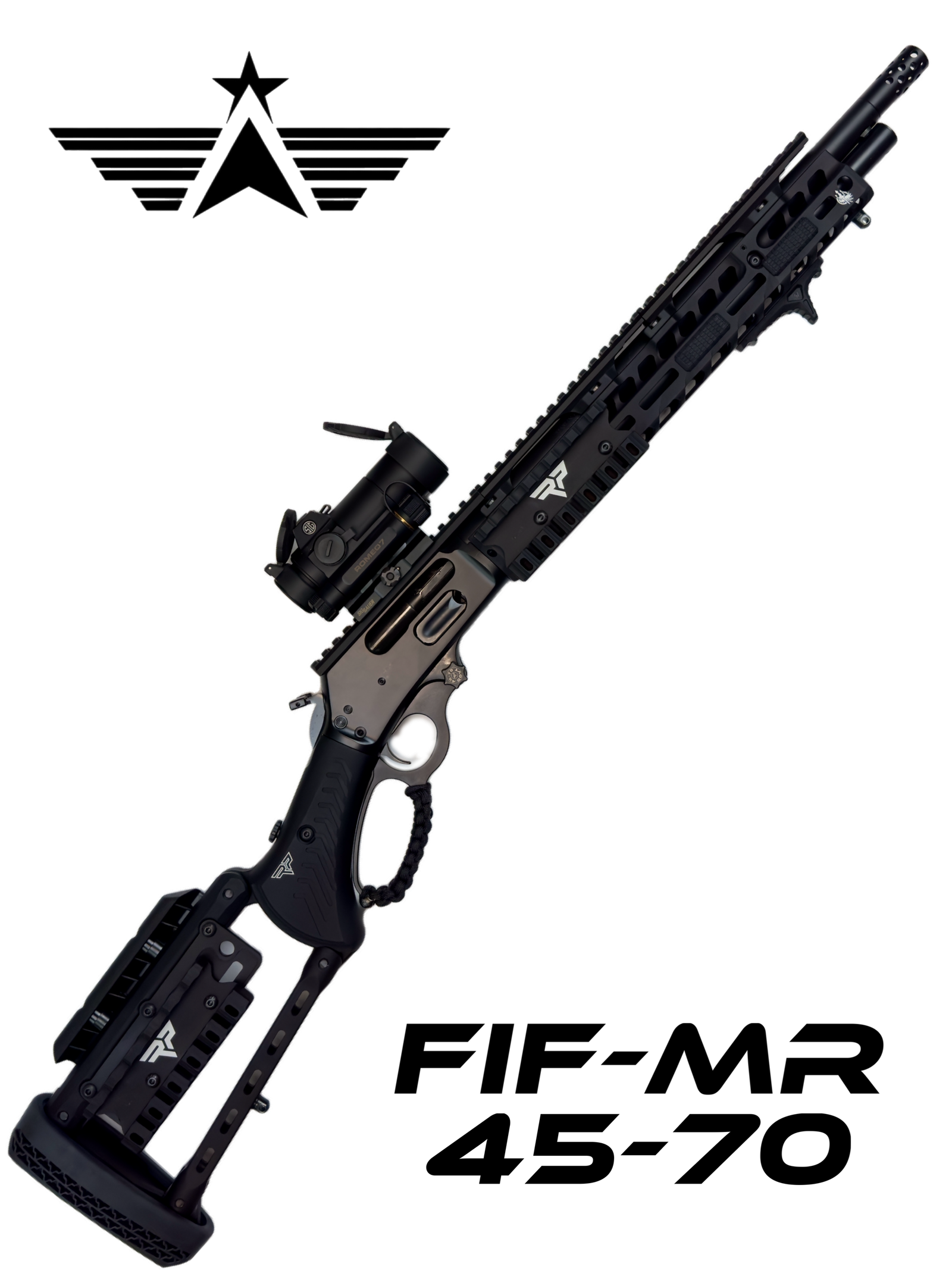 The FIF-MR 45-70 tactical rifle boasts a matte black finish and an extended barrel complete with advanced optics. It features an adjustable stock, multiple rails for mounting accessories, and a distinctive lever-action mechanism, all designed with modern tactical aesthetics in mind.