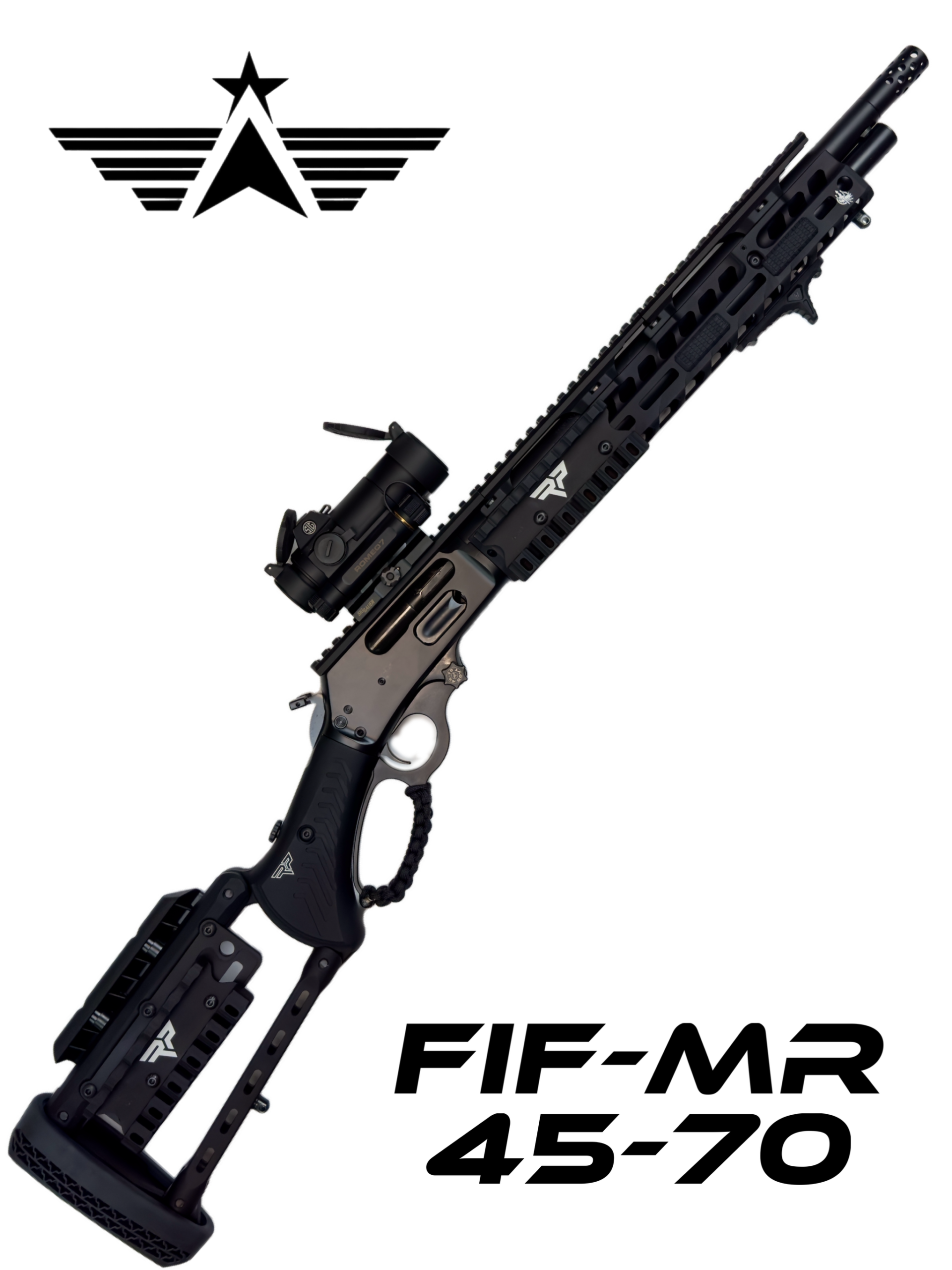 The FIF-MR 45-70 tactical rifle boasts a matte black finish and an extended barrel complete with advanced optics. It features an adjustable stock, multiple rails for mounting accessories, and a distinctive lever-action mechanism, all designed with modern tactical aesthetics in mind.