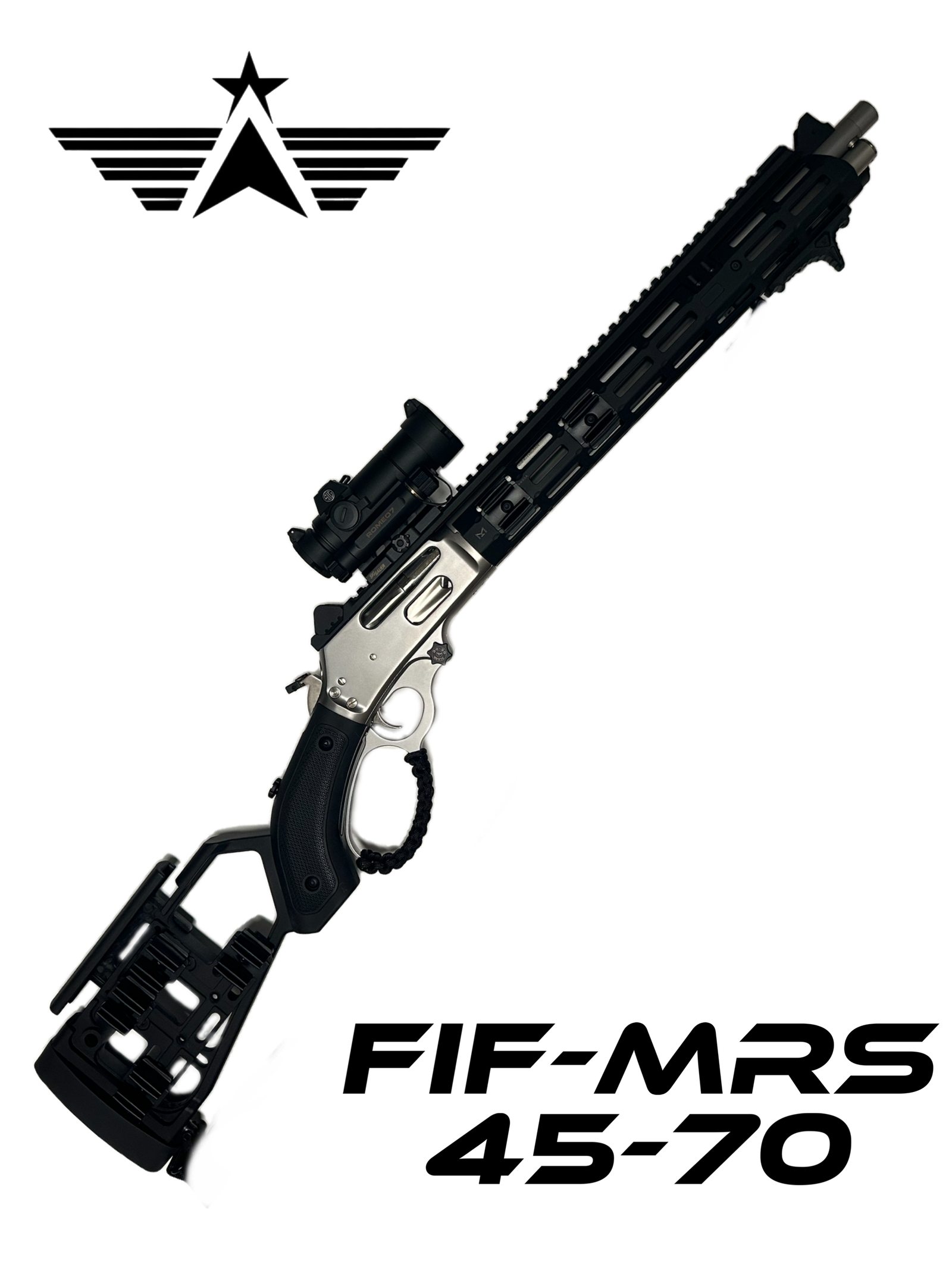 A modern, black FIF-MRS-45-70 tactical rifle equipped with a scope attachment. This firearm boasts a sleek design, complemented by a sturdy stock and a versatile rail system for added accessories. Constructed from metal and polymer materials, the rifle is prominently featured against a completely white background.