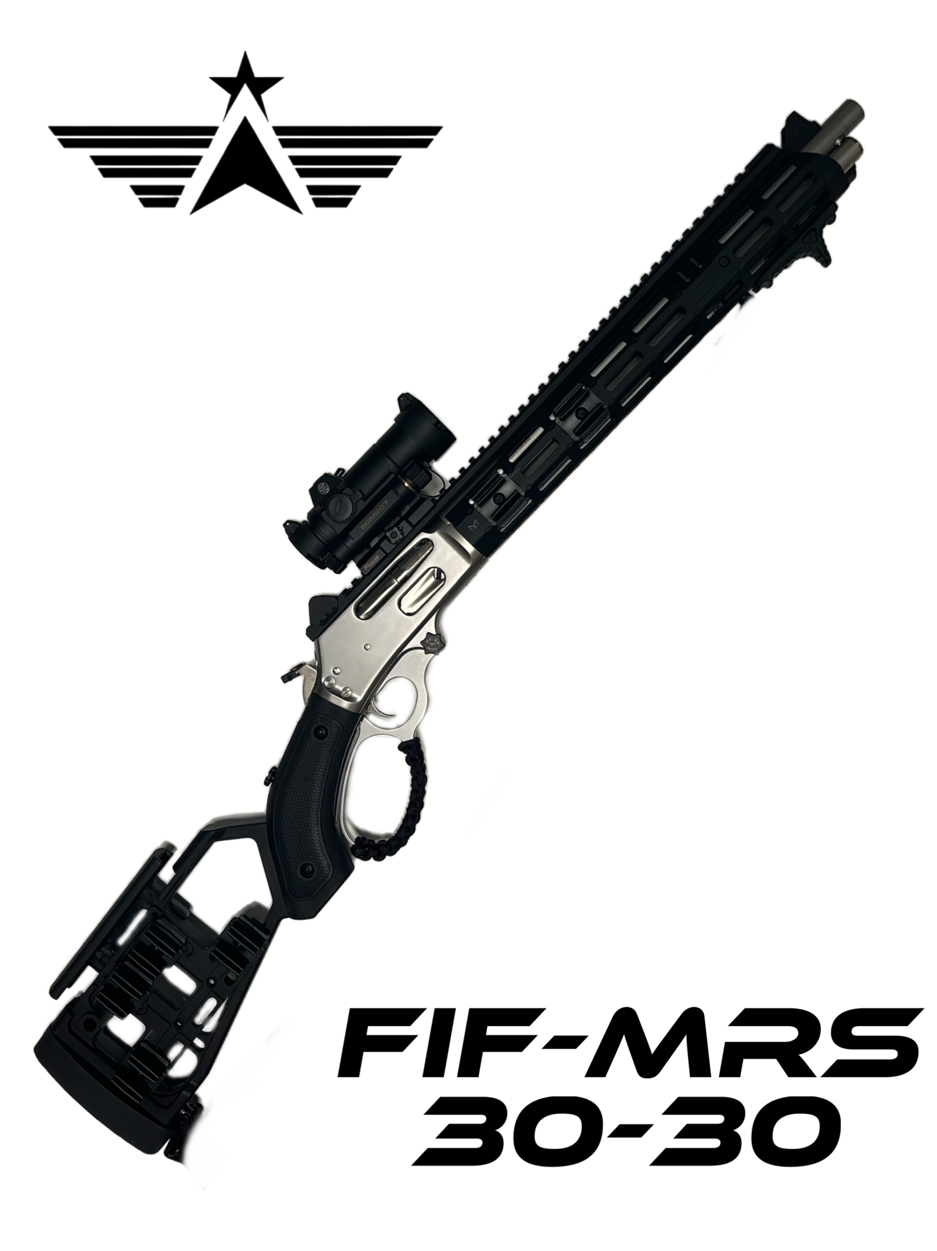 The FIF-MRS-30-30 is a sleek and modern lever-action rifle featuring a black tactical stock and metal accents. It comes equipped with an optical sight and includes a rail system on both the top and bottom for various attachments. Additionally, the rifle is designed with a loop lever to provide enhanced grip and maneuverability.