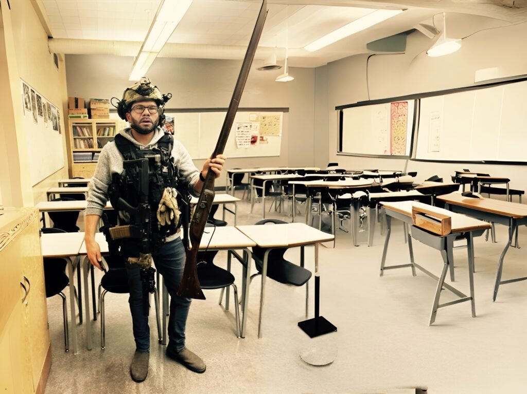 A person dressed in tactical gear and holding a long rifle stands in an empty classroom with rows of desks and chairs. The room has whiteboards on the walls and a bookshelf in the corner.