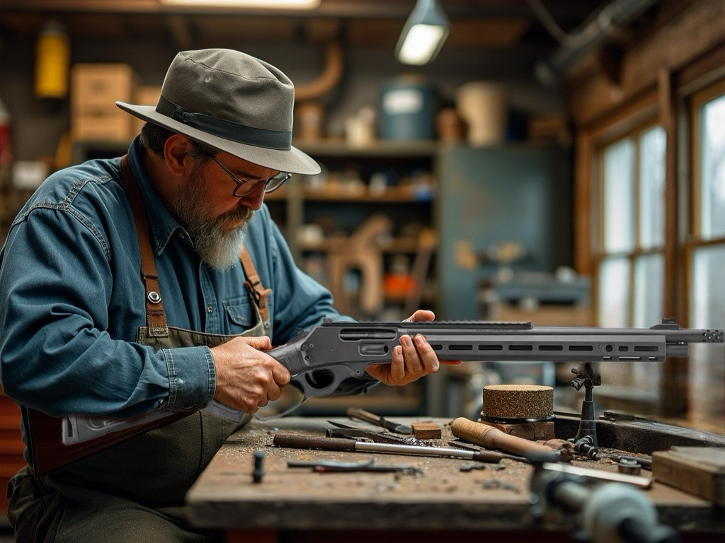 A man wearing a blue shirt, brown suspenders, and a gray hat sits at a workbench, inspecting a rifle. The workshop is filled with tools and equipment, and natural light streams in through the windows, illuminating the scene.