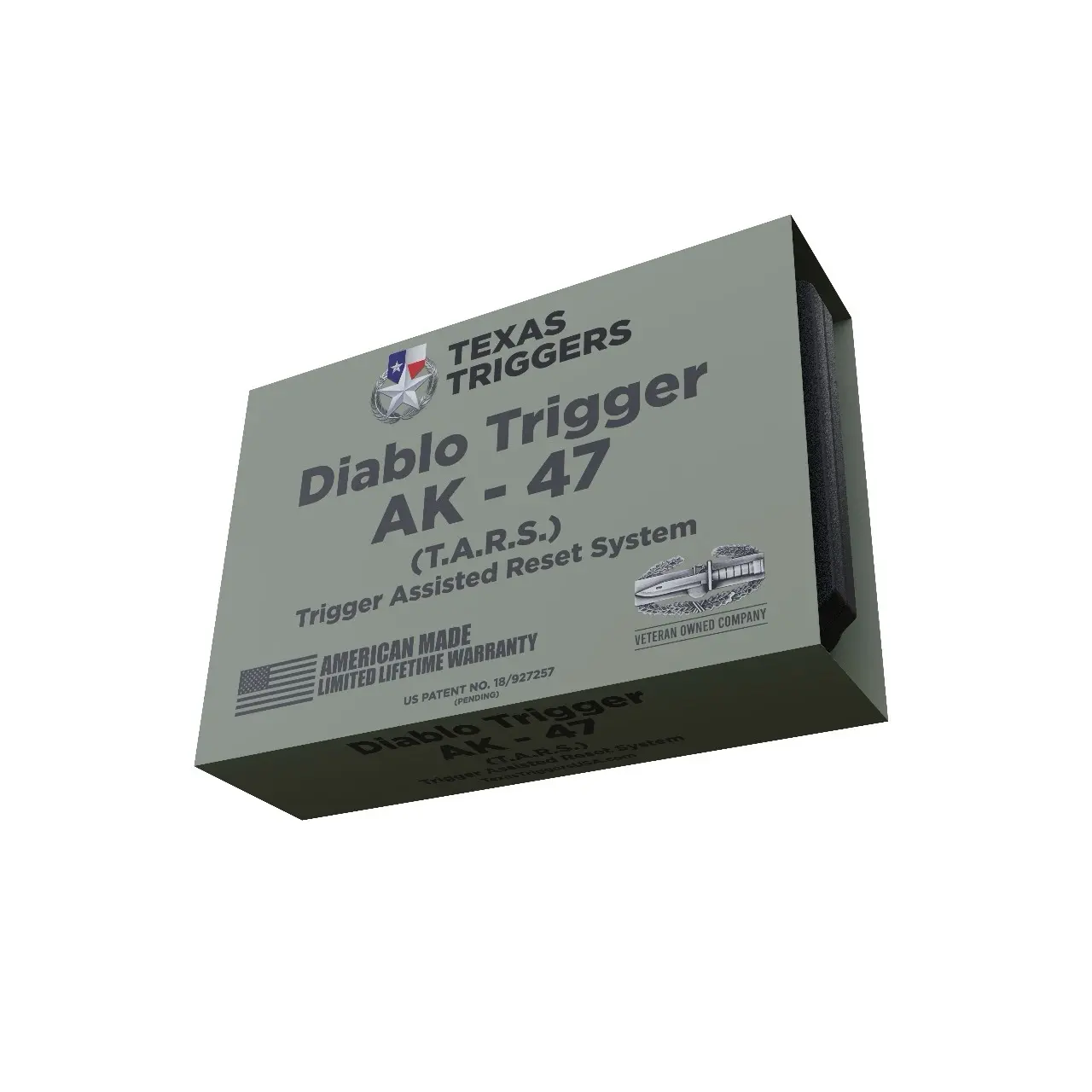 A gray box labeled "Diablo Trigger T.A.R.S." features logos and additional text, including "American Made" and "Limited Lifetime Warranty.
