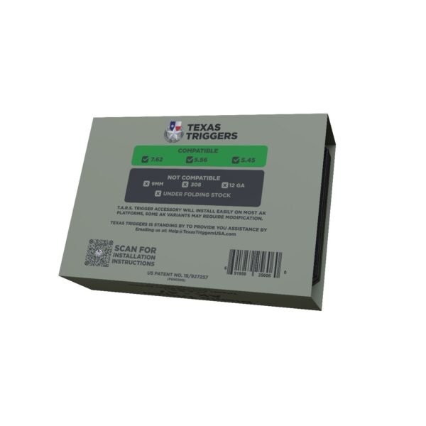 A gray Diablo Trigger T.A.R.S. box features caliber compatibility charts, a QR code for installation instructions, and text listing compatible and non-compatible ammo types.