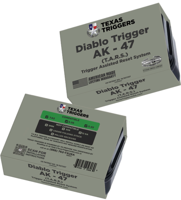Two gray product boxes labeled "Diablo Trigger AK-47" from Texas Triggers, featuring compatibility details, warranty info, QR code, and icons for ammunition calibers 7.62 and 5.45.