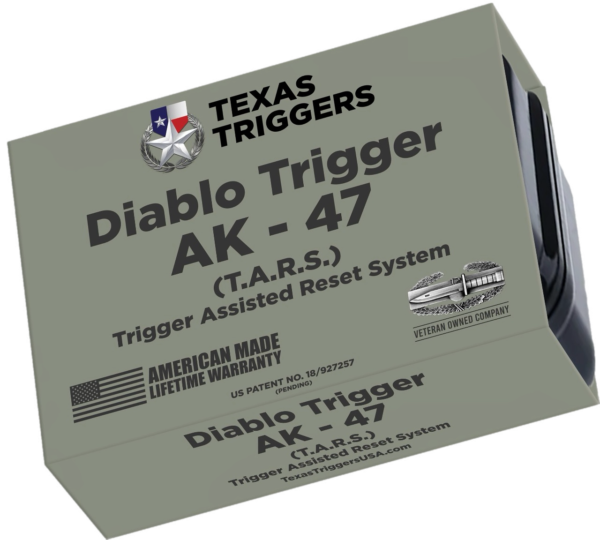 A box labeled "Texas Triggers Diablo Trigger AK-47 (T.A.R.S.) Trigger Assisted Reset System," featuring U.S. patent info, American Made warranty, Veteran Owned Company logo, and company website.