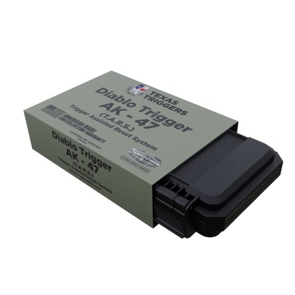 A green and black box labeled "Diablo Trigger T.A.R.S." with a logo and certification badges is partially open, revealing a black plastic case inside.
