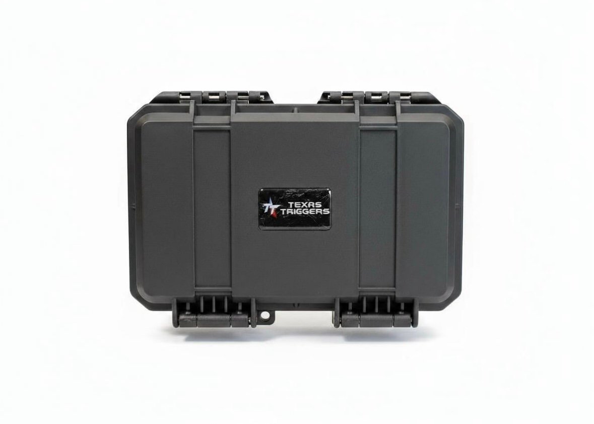 A sturdy black hard-shell carrying case with latches and a central "Texas Triggers" label, designed for transporting Diablo Trigger AK-47 FRT (Forced Reset Trigger) accessories, displayed on a plain white background.