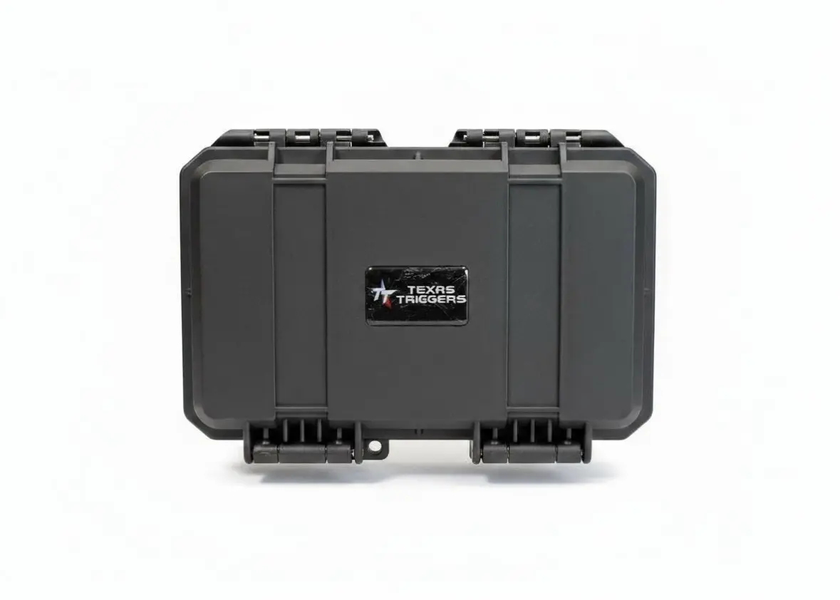 A sturdy black hard-shell carrying case with latches and a central "Texas Triggers" label, designed for transporting Diablo Trigger AK-47 FRT (Forced Reset Trigger) accessories, displayed on a plain white background.